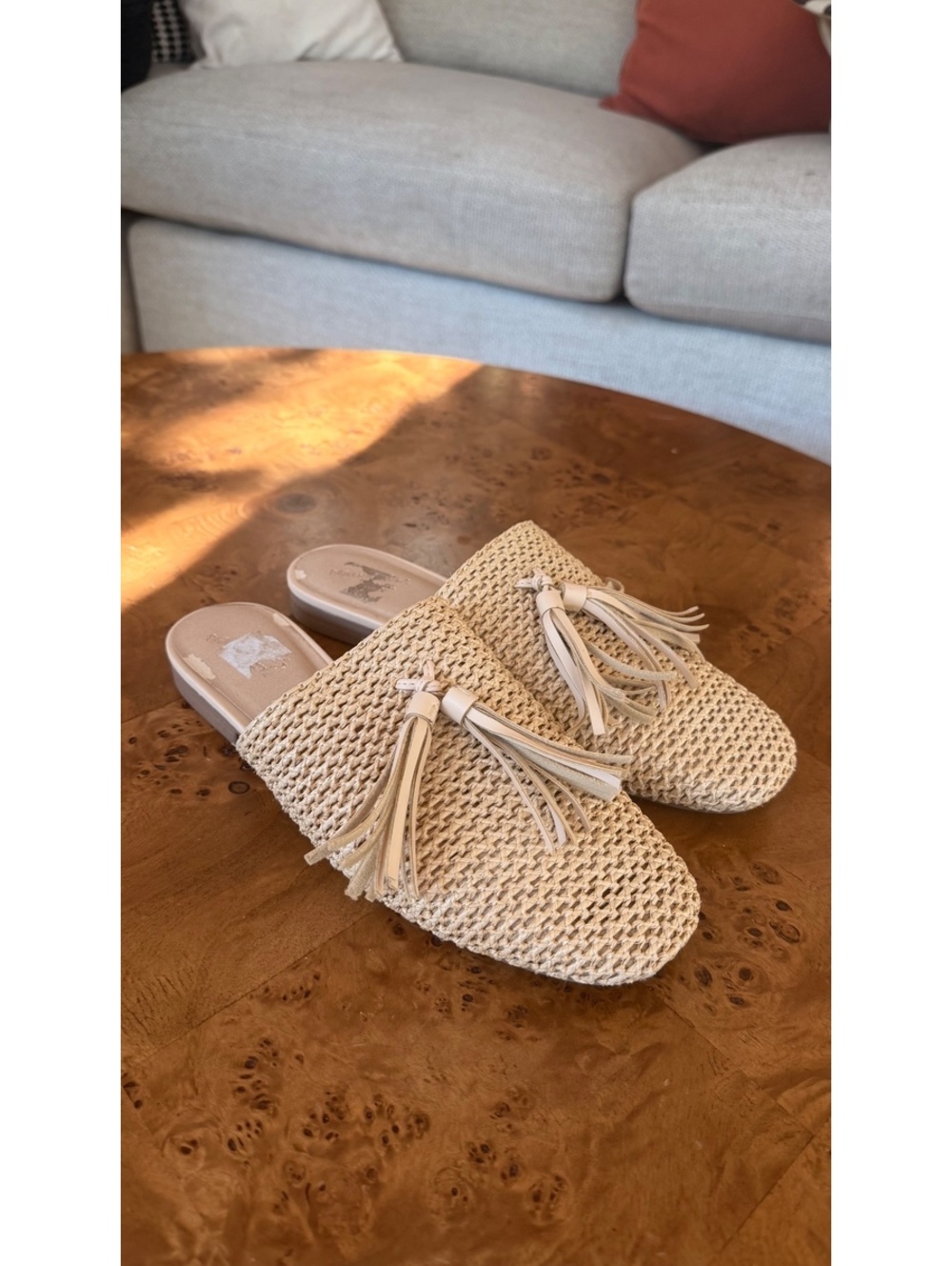 Universal Thread Beige Woven Textile Upper Slip-On Mules with Tassels